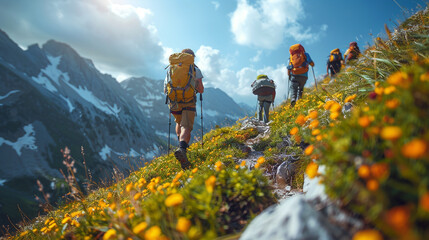A group of hikers climbing a steep mountain that is rocky and has shrubs. They follow the trail that has been made available. - obrazy, fototapety, plakaty