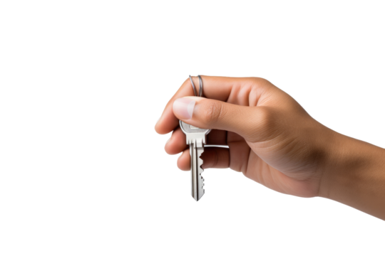 Person Holding Small Key. A persons hand holding a small key with a simple background. The key is being gripped firmly between the fingers, showing a sense of importance and purpose in the action.