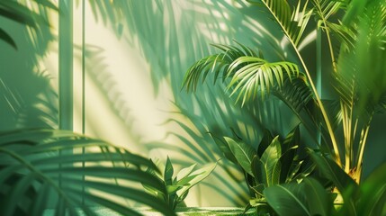 Tropical green foliage with sun beams penetrating through leaves creating soft shadow play on surface. Exotic plants in greenhouse environment. Nature and indoor gardening.