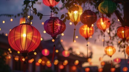 Illuminated colorful lanterns glowing at dusk during traditional Asian festival. Cultural celebration and decoration.