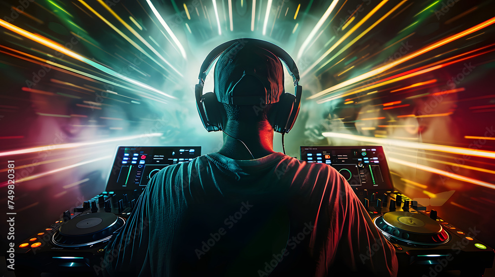 Canvas Prints  a DJ with headphones playing music in a club with laser lights behind