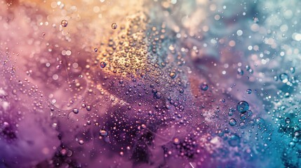 Colorful macro photography of water droplets on gradient background creating serene and abstract texture. Ideal for backgrounds and subtle designs.