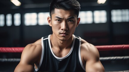 Fototapeta na wymiar Portrait of a attractive serious fierce fearless athlete asian young man looking at the camera from Generative AI