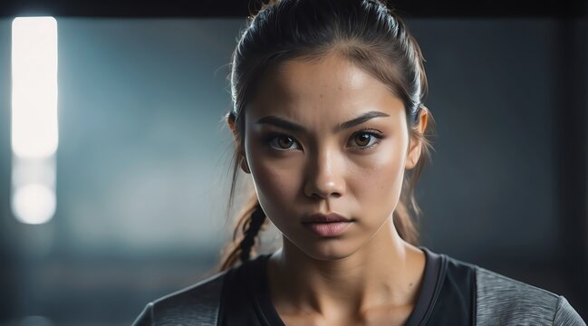 Portrait of a attractive serious fierce fearless athlete filipina young woman looking at the camera from Generative AI