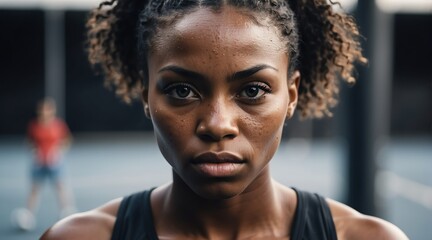 Portrait of a serious sweaty fearless athlete black african woman looking at the camera from Generative AI - obrazy, fototapety, plakaty