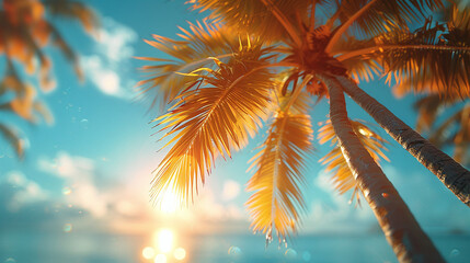 Bottom view of tropical palm trees on the seashore on an island, sunny day