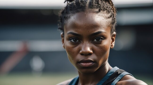 Portrait of a serious sweaty fearless athlete black african woman looking at the camera from Generative AI
