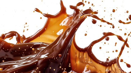 Dynamic splash of caramel and chocolate mix with flying droplets against white background,...