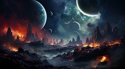 Alien landscape with moons and meteorites