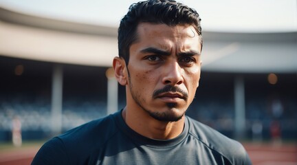 Fototapeta premium Portrait of a serious sweaty fearless athlete hispanic man looking at the camera from Generative AI