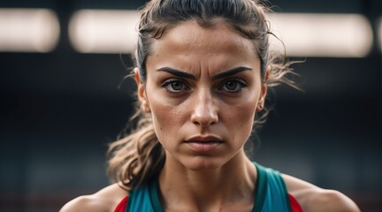 Fototapeta na wymiar Portrait of a serious sweaty fearless athlete italian woman looking at the camera from Generative AI