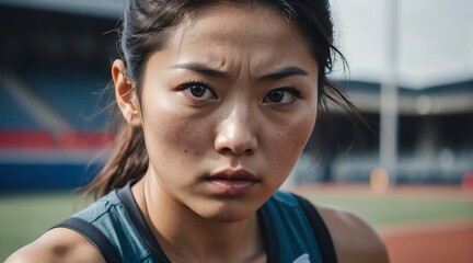 Portrait of a serious sweaty fearless athlete korean woman looking at the camera from Generative AI