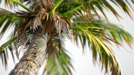 Tropical palm tree with detailed trunk textures and dry fronds against clear sky. Exotic flora and travel destinations.