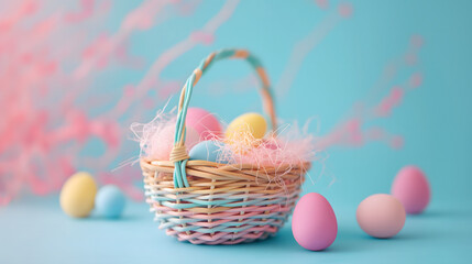 Fototapeta na wymiar A pastel basket is full of colorful pastel Easter eggs on a pink and blue blurred background with blank space for text. Realistic style.