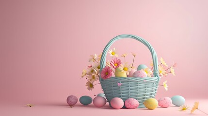 Fototapeta na wymiar A pastel blue basket is full of colorful vivid Easter eggs and little spring flowers on a plain pink background with blank space for text. Realistic style.