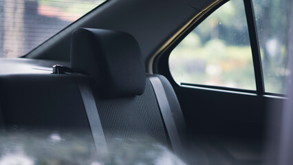 Rear seats covered with fabric in a luxury car. Luxury car inside. Interior of prestige modern car....