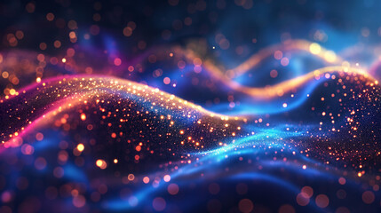 Data sorting flow process. Big data stream futuristic infographic. Colorful particle wave with bokeh. 