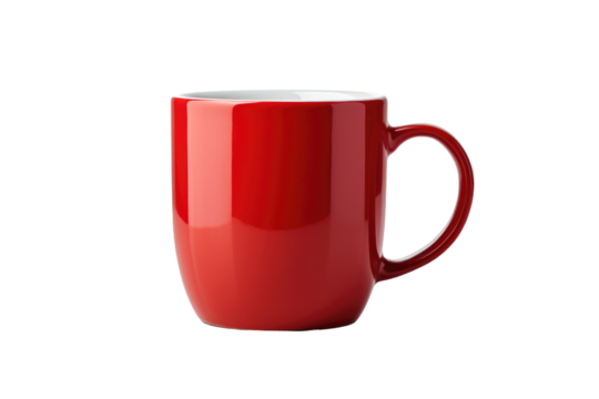 Red Coffee Mug With White Rim. A red coffee mug with a white rim sits on a table. The vibrant red color contrasts beautifully with the crisp white rim, creating a striking visual impact.