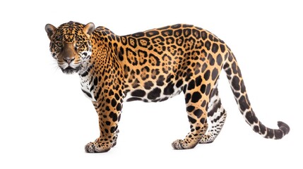 Obraz premium Adult jaguar standing isolated on white background, displaying its spots and majestic stance. Wildlife conservation and biodiversity.