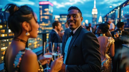 Elegant evening event: Smiling man in tuxedo enjoys rooftop party with city skyline views, with women in evening dresses. Urban nightlife and social gatherings.