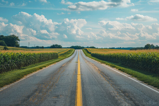 countryside landscape with empty road and cloudy sky at a sunny day, corn fields beside the street