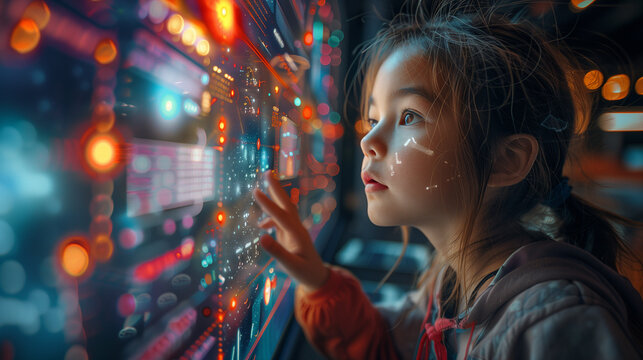 A student interact with 3D models using augmented reality glasses in a modern, technology driven classroom environment.