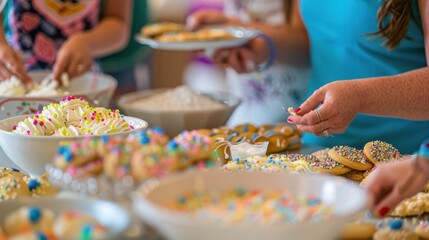 Children and adults engage in creative confectionery decorating, adding colorful sprinkles to freshly baked cookies during family workshop. Culinary arts and family activities.