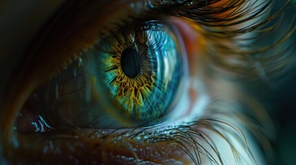 Close-up of detailed human eye reflecting intricate patterns, representing concept of biometric identification and complexity of vision.