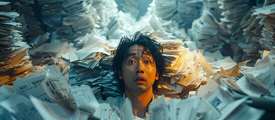 Stressed businessman with a lot of work in office