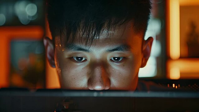 Asian man with face lit by a laptop screen with half his face blocked by the top of the laptop