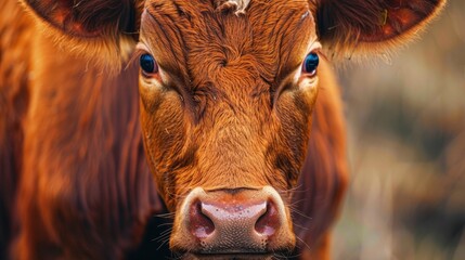 Close-up of serene brown cow in pastoral setting showcasing sustainable agriculture practices. Connection with nature and sustainable farming. - obrazy, fototapety, plakaty