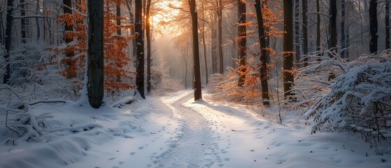Obraz premium A snowy path leading through a winter forest, serene, space for text