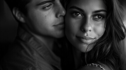 Intimate portrait of young couple in close embrace, depicting deep connection and affection in monochrome aesthetic. Romance and relationships.