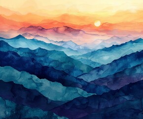 Abstract mountain range silhouette, watercolor dawn colors