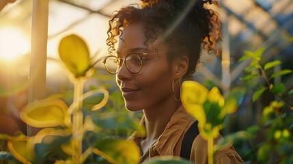 African American female botanist examining plants in sunlit greenhouse environment. Research and development in sustainable agriculture. - obrazy, fototapety, plakaty
