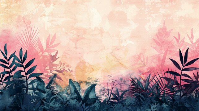 Abstract botanical silhouettes, lush watercolor garden background