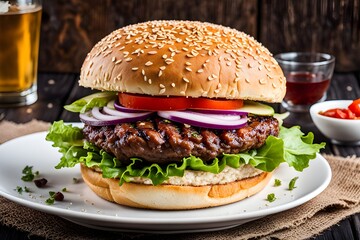 Tasty delicious burger photo with nice decoration, chicken burger ,beef burger , cheese , sauce, french fries, tomato for food advertisement