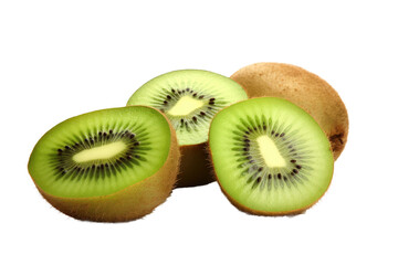 Fototapeta premium Fresh kiwi fruit slices and whole kiwifruit, green juicy cross sections, healthy food ingredient for nutrition ads isolated on Transparent Background