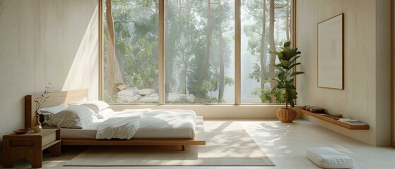 Airy, minimalist bedroom with large windows, tranquil vibes