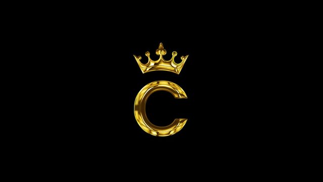 luxury golden C word with gold crown animation for logo intro outro black screen 