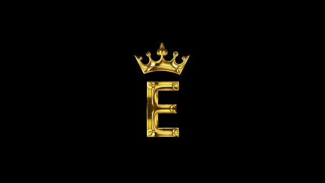 luxury golden E word with gold crown animation for logo intro outro black screen 