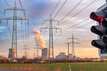 Nuclear power Energy concept - Nuclear power plant with yellow field and big blue clouds. Nuclear...