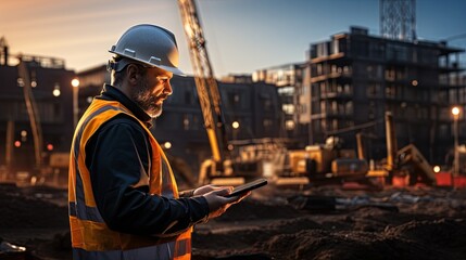 Structural engineer or architect dressed in work vests and hard bats use tablet on the open building site. Construction Site Inspection with Technology - obrazy, fototapety, plakaty