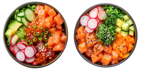 Fresh delicious Vegan poke bowl with salmon, avocado, vegetables, tomato, cucumber, radish, and carrot salad, Plant-based diet concept, top view set, isolated on transparent background cutout