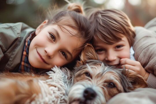 Childhood Bliss: Siblings Share a Tender Moment with Pet Dog