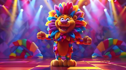 Cartoon Lion Performing on Stage in Vivid Lights