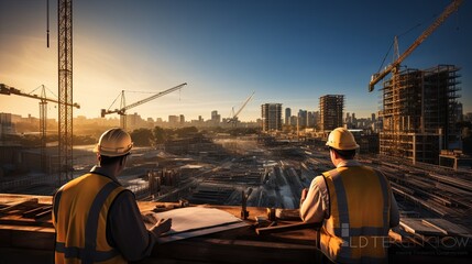 Structural engineer or architect dressed in work vests and hard bats use tablet on the open building site. Construction Site Inspection with Technology