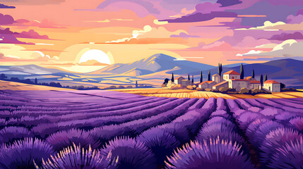 A vector graphic of lavender fields in Provence, France.