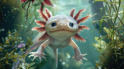 A friendly axolotl with gill stalks floats effortlessly in a water tank filled with lush aquatic greenery.