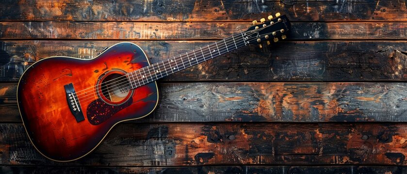 Close-up of a guitar on a wooden background, music theme, text space